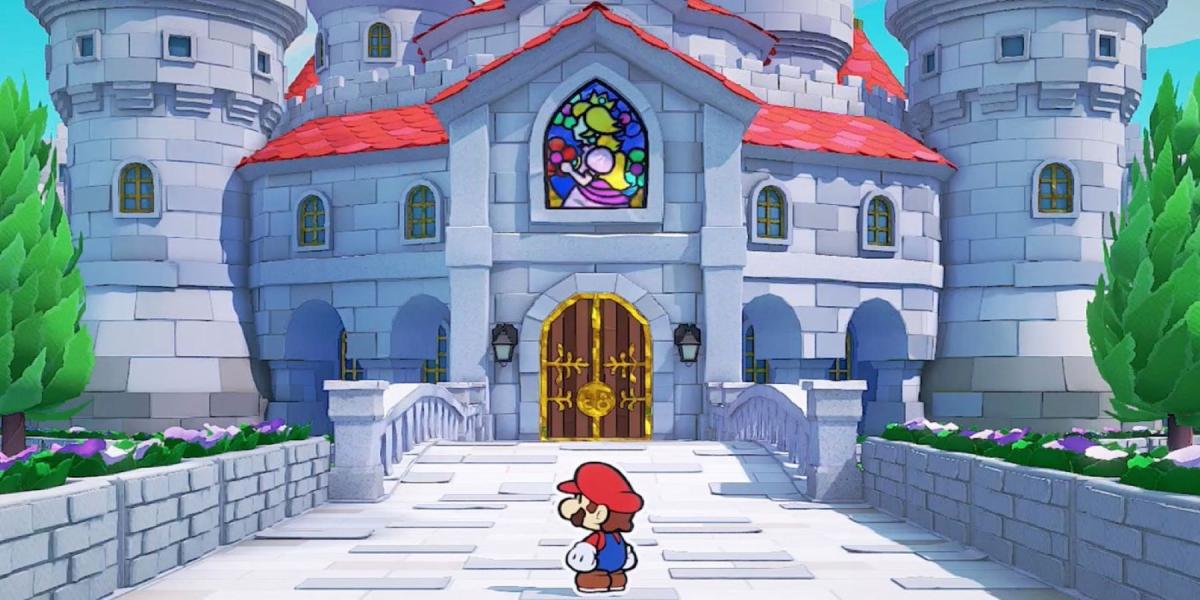Mario do lado de fora do Peach's Castle em Paper Mario: The Origami King
