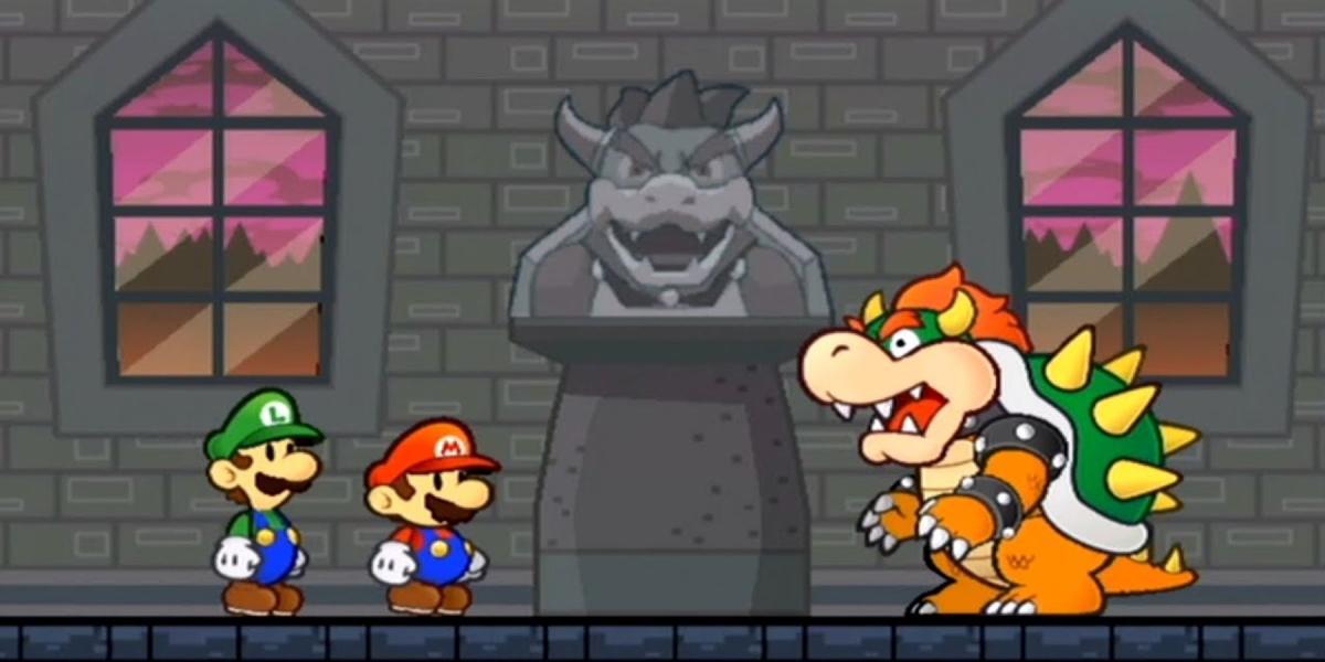 Mario, Luigi e Bowser no Castelo de Bowser durante a cena de introdução de Super Paper Mario