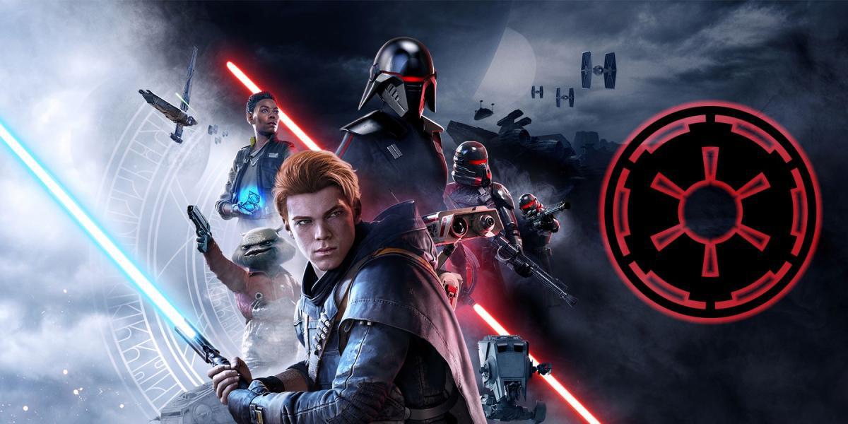 Arte do banner de Star Wars Jedi: Fallen Order com Cal Kestis e a Segunda Irmã com uma insígnia do Império no lado direito.