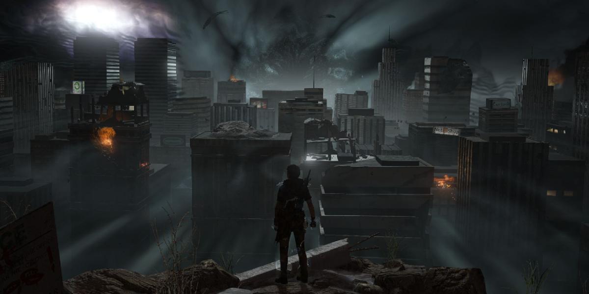 Uma tomada ampla com menos zoom mostrando uma cidade mergulhada no desastre, uma grande escuridão amorfa à espreita no hoirzon.