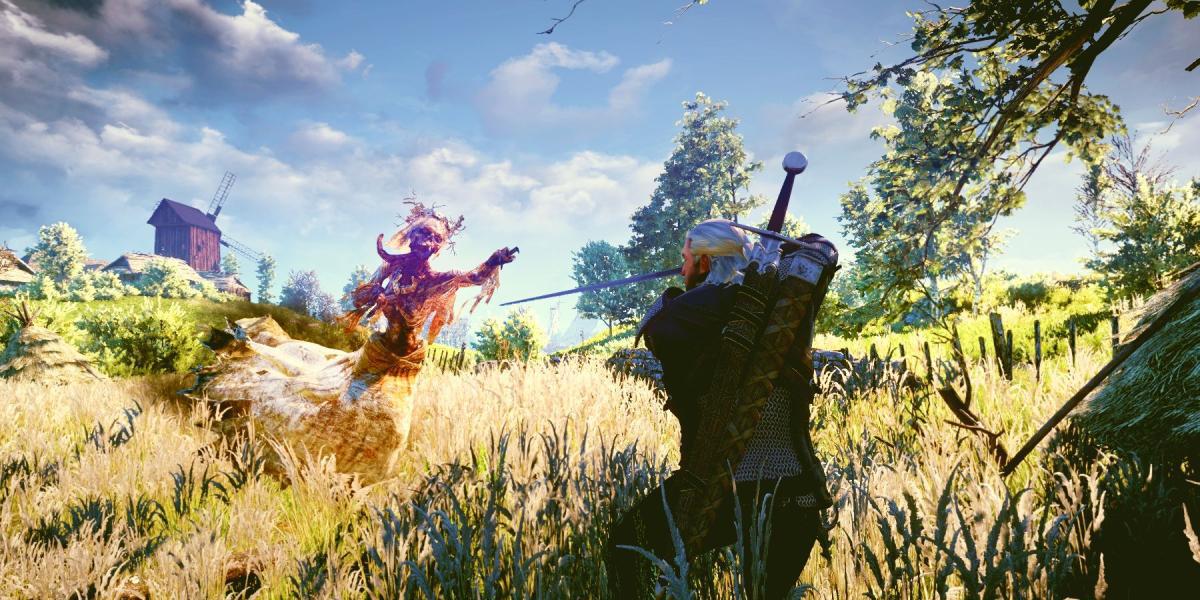 Witcher 3 Wild Hunt Geralt lutando contra um campo Noonwraith
