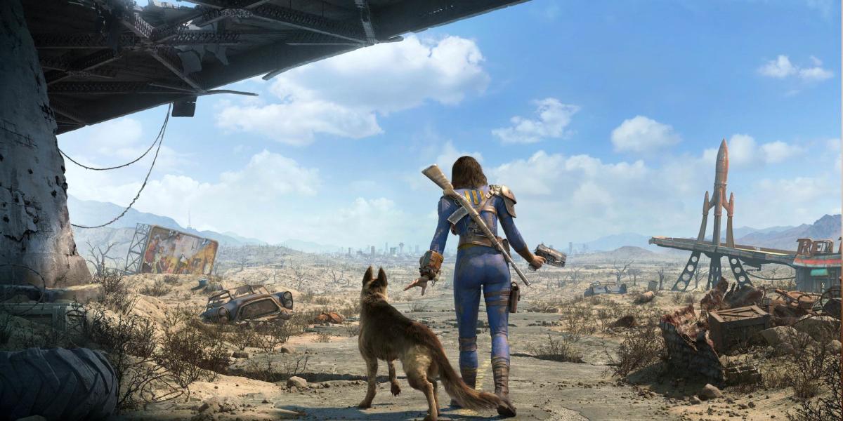Fallout 4 art mostrando o protagonista com um cachorro no deserto