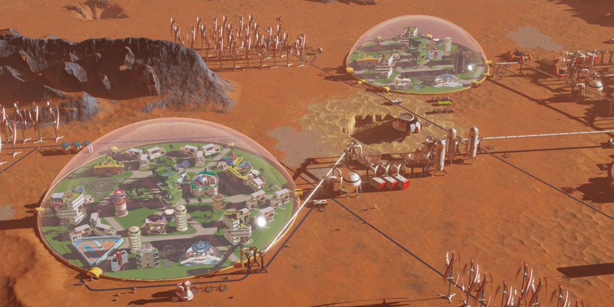 Cidade construindo cúpulas em Marte