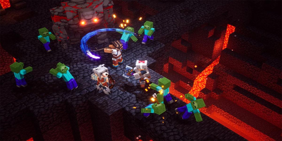 Minecraft Dungeons lutando contra zumbis