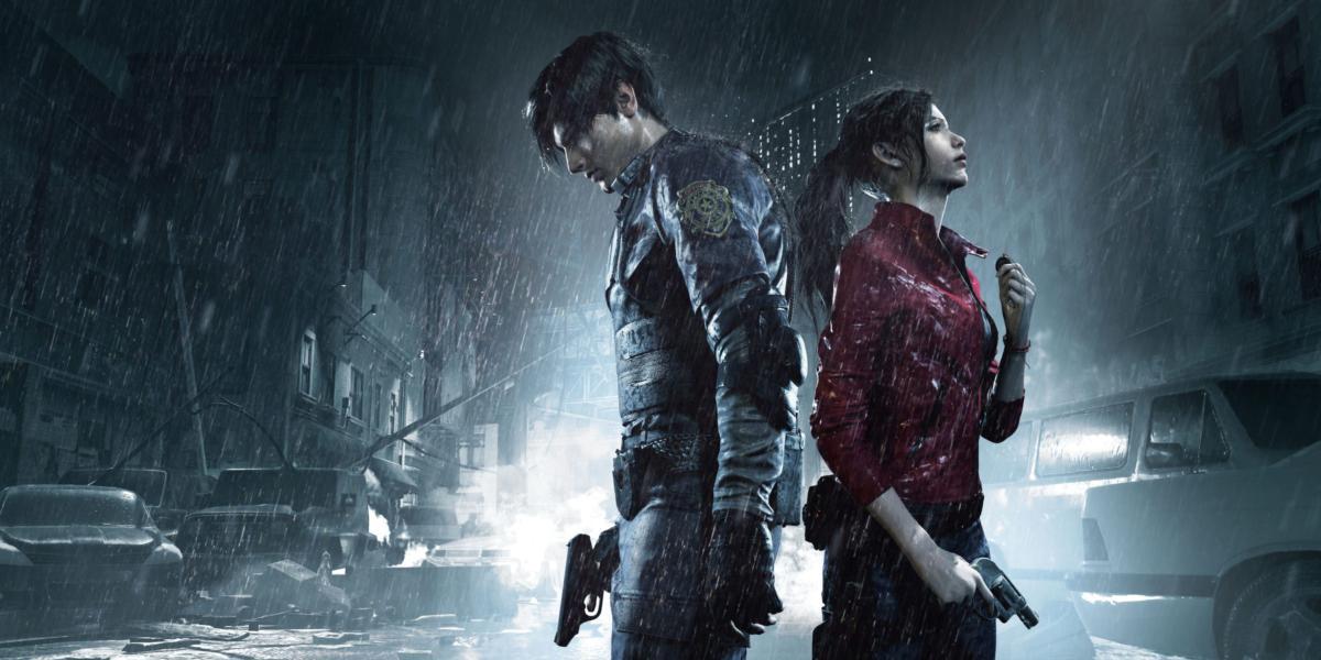 Leon e Clare em uma Raccoon City destruída, segurando armas na chuva
