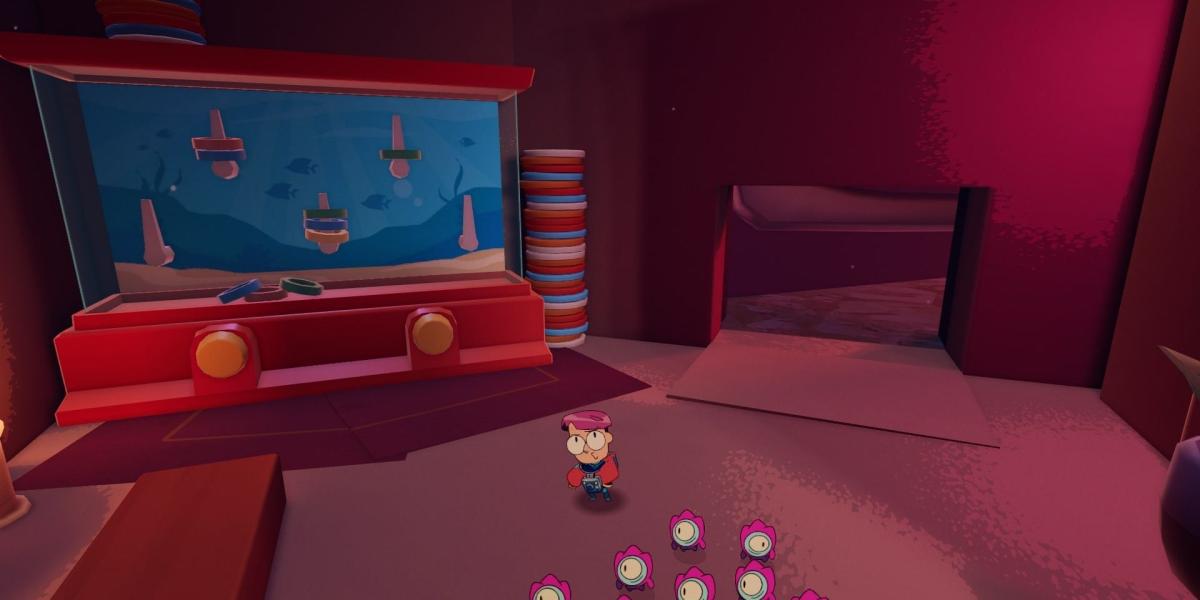 Uma captura de tela de Tinykin parado na frente de um buraco na parede do fliperama
