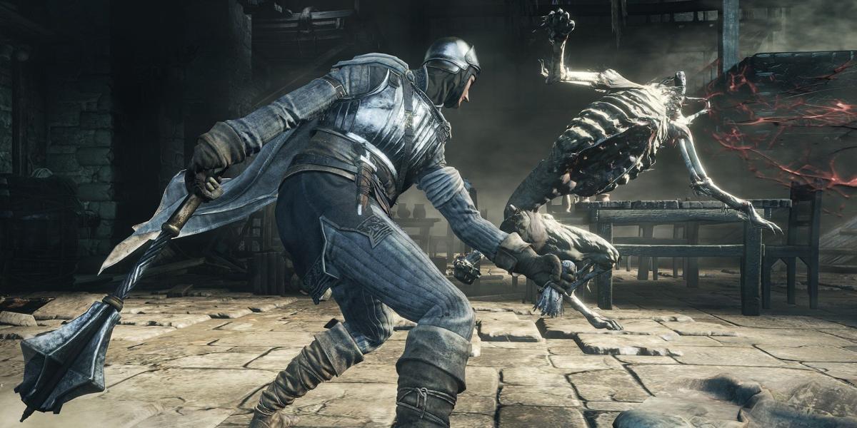 Uma sequência de combate em que o jogador nocauteia um inimigo ósseo em Dark Souls 3