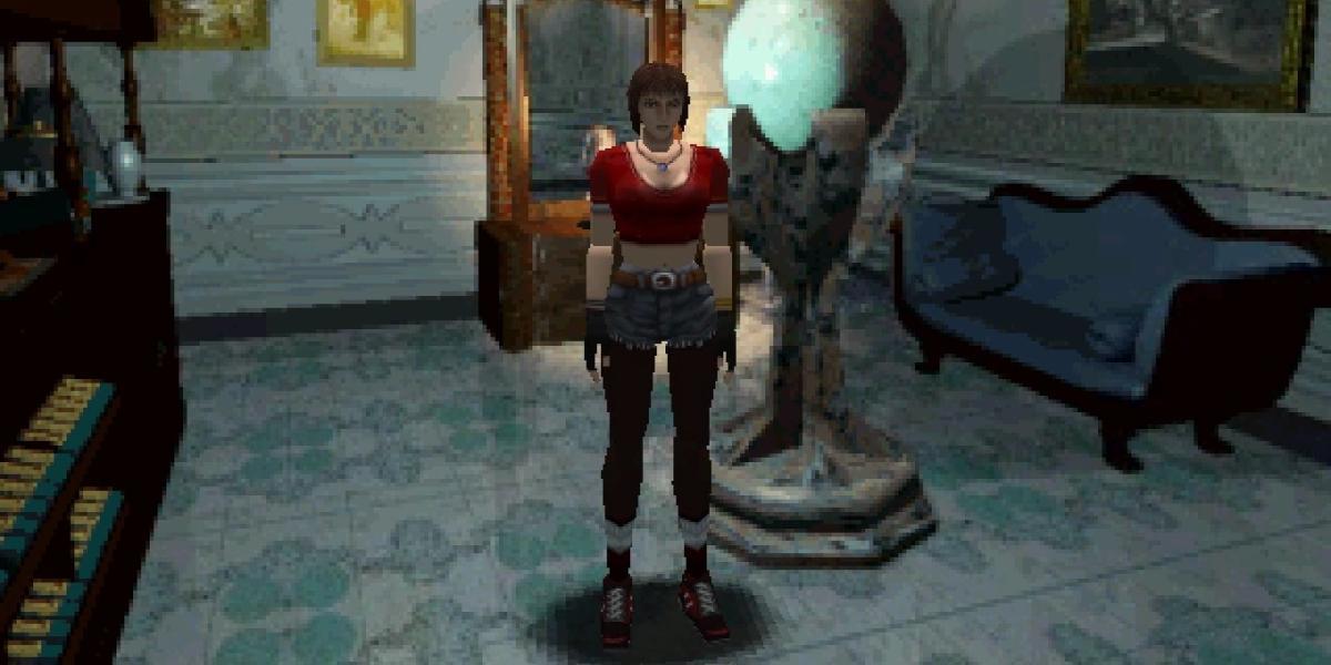 Jill em um dos quartos da mansão Spencer vestida com um top curto e shorts.