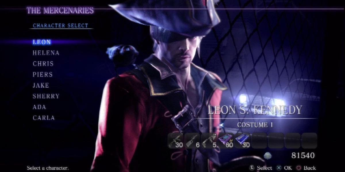 A tela de seleção de personagem do modo Mercenaries de RE6, apresentando Leon em sua roupa de pirata.