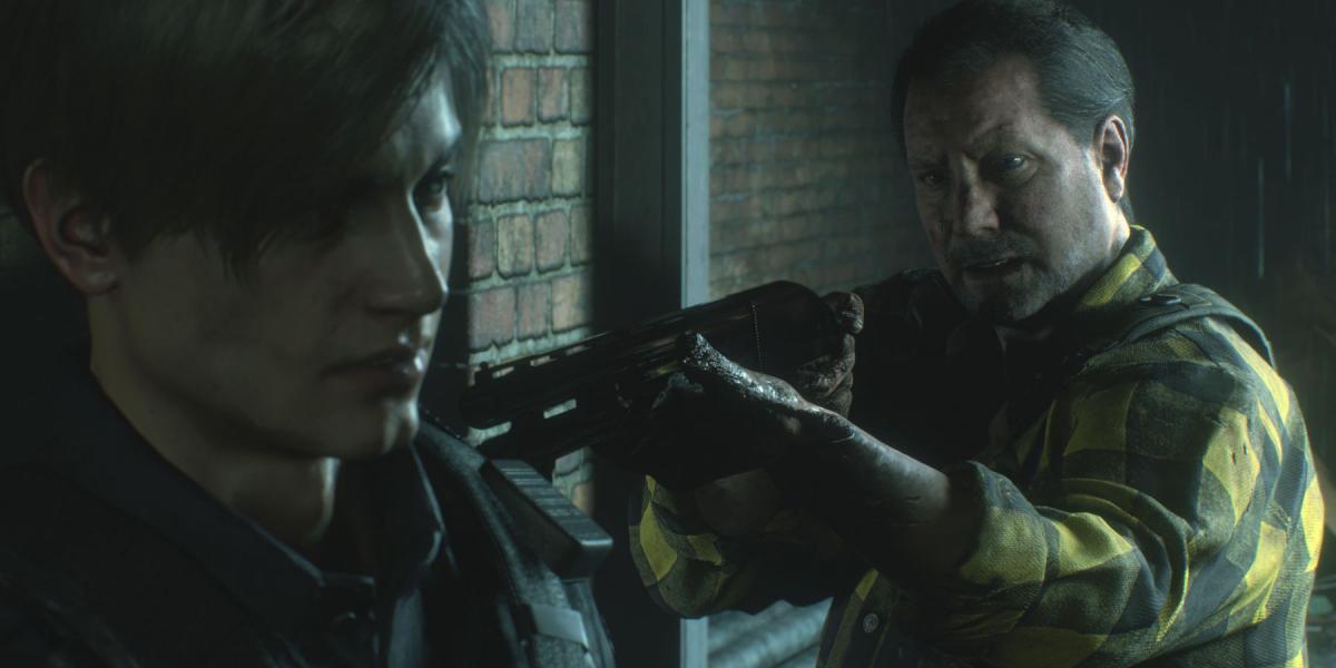 Resident Evil 2 Robert Kendo com uma arma em Leon