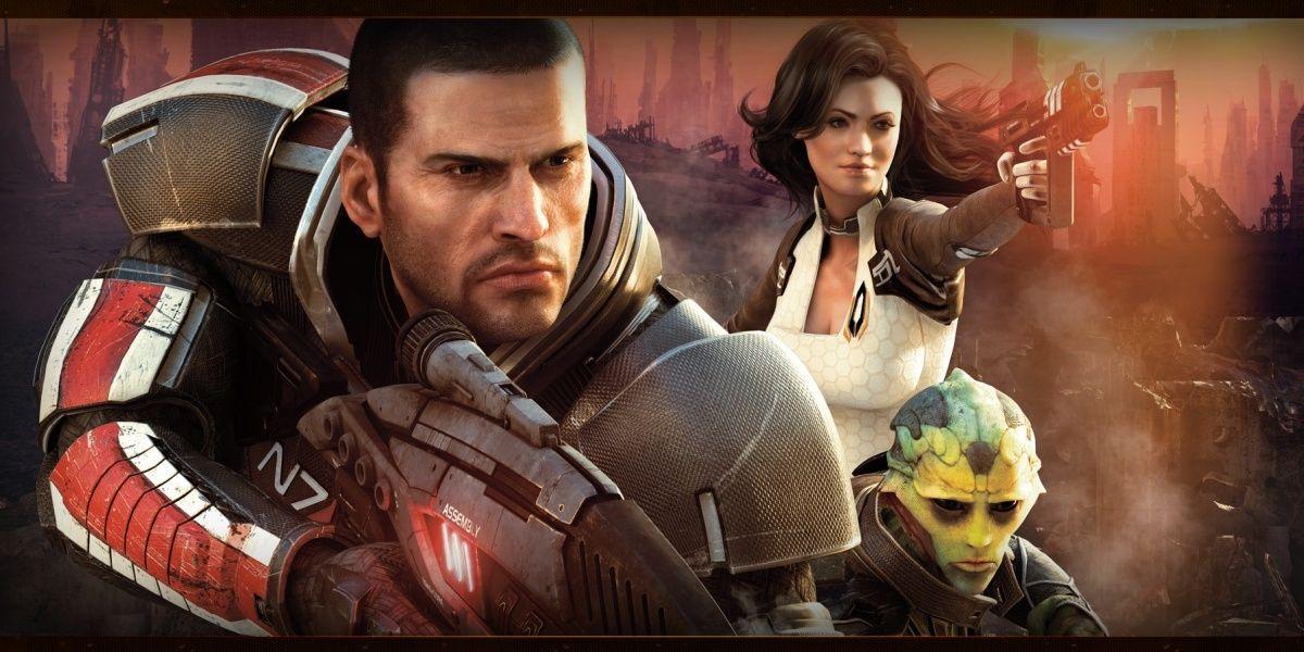 Capa de Mass Effect 2 apresentando Comandante Shepard, Miranda Lawson e Thane Krios