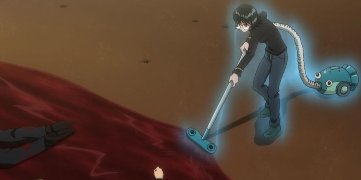 Hunter X Hunter - membro da trupe fantasma Shizuku usando seu aspirador Nen para limpar após suas mortes