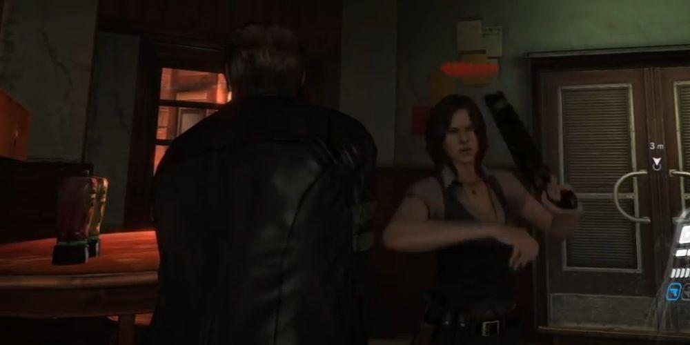 Leon (à esquerda) em uma jaqueta de couro e Helena (à direita) trocando de armas rapidamente. Fonte da imagem: Silver Mont no YouTube
