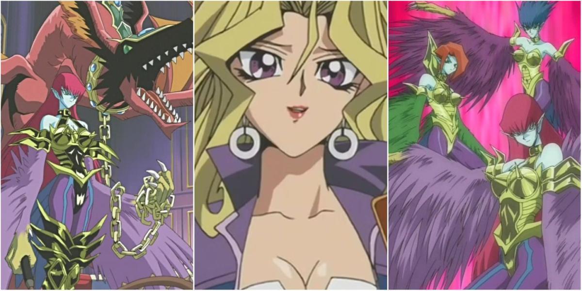 Grade dividida em três vias de Harpie Ladies do Yu-Gi-Oh! anime com Mai Valentine no meio.