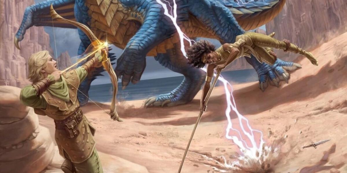 Hank e Diana do programa de TV Dungeons & Dragons lutando contra um dragão na capa do Dragon of Stormwreck Isle.
