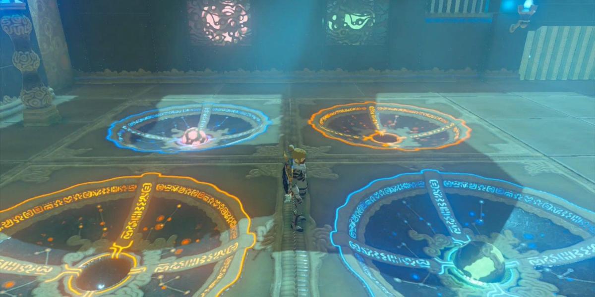Orbs do santuário de Zelda Breath of the Wild Kihiro Moh em plataformas coloridas