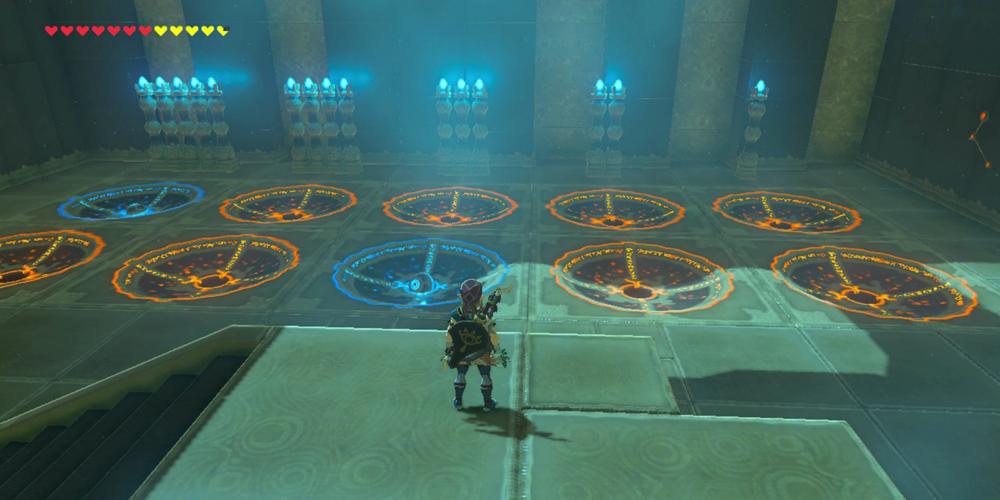 Legend of Zelda: Breath of the Wild Link resolvendo o quebra-cabeça da plataforma de esferas coloridas no Santuário Keo Ruug