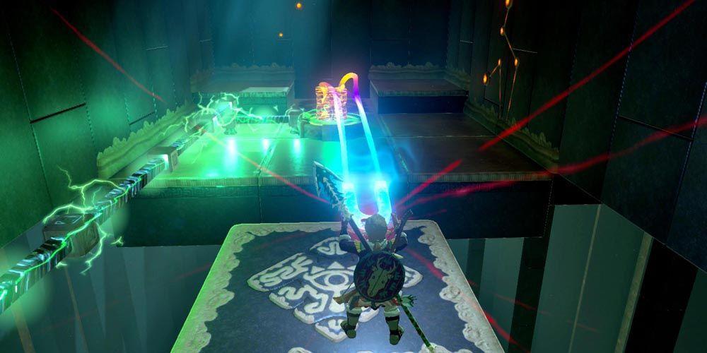 Legend of Zelda: Breath of the Wild: Link usando runas na plataforma no escuro Dako Tah Shrine