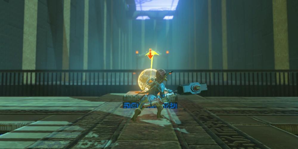 The Legend of Zelda: Breath of the Wild Link usando Magnesis para mirar o orbe no Santuário Mirro Shaz