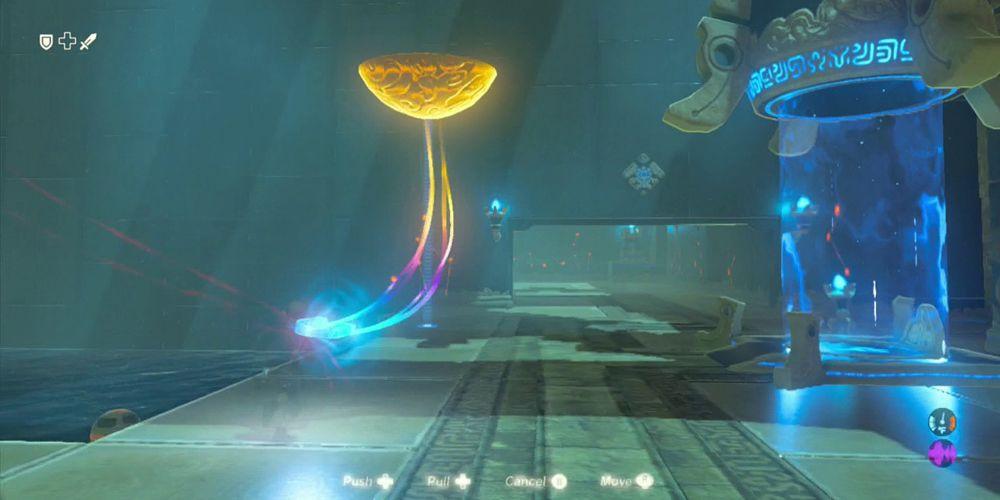 The Legend of Zelda: Breath of the Wild usando Magnesis em uma tigela no Daka Tuss Shrine