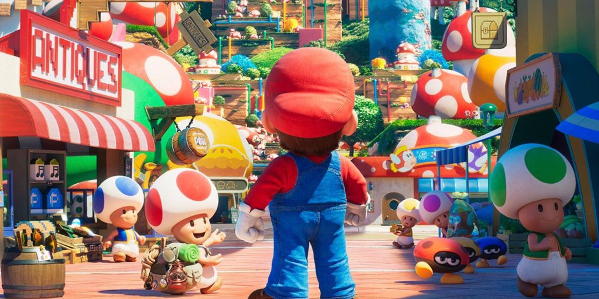 Loja de antiguidades ao lado de Mario e Toad em Super Mario Bros Movie