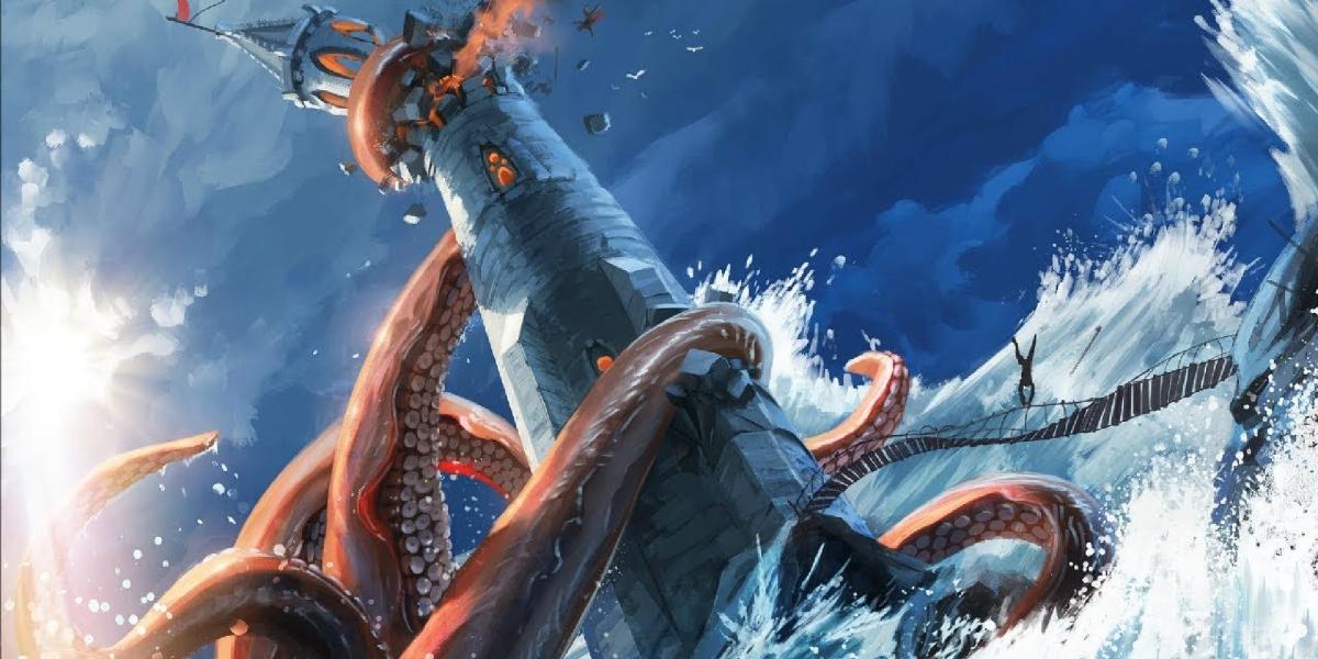 Um kraken destrói uma torre alta, criando uma enorme onda de água.