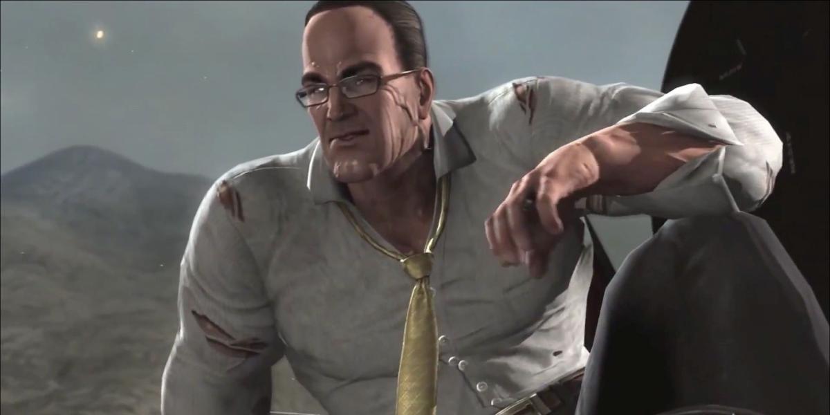 Senador Armstrong sentado de lado em Metal Gear Rising: Revengeance