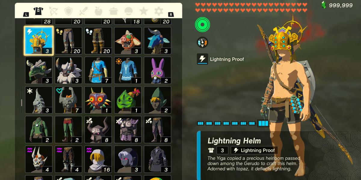 A peça de armadura Lightning Helm em The Legend of Zelda: Tears of the Kingdom