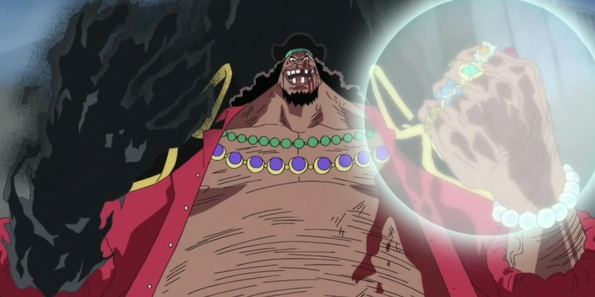 One Piece - Barba Negra mostrando os dois poderes da Akuma no Mi depois de roubá-la de Barba Branca
