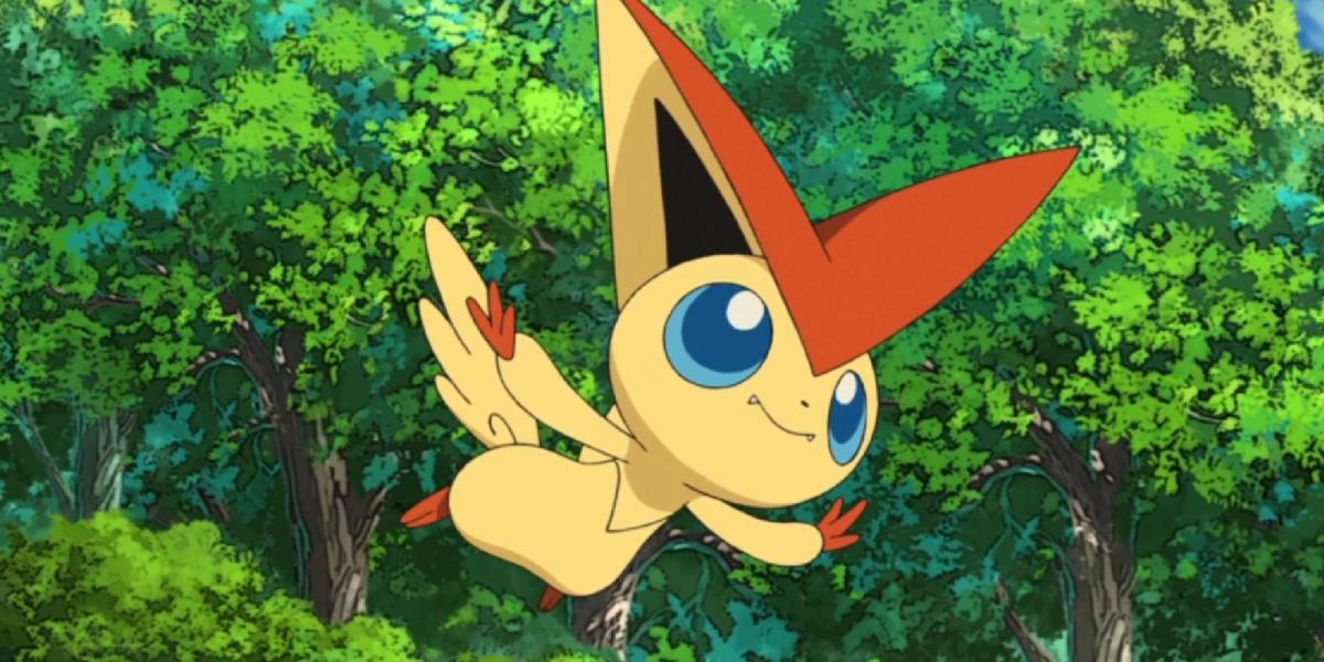 Victini voando em uma floresta em um filme de Pokémon