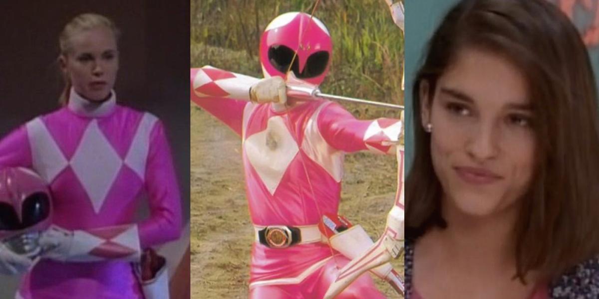 Uma imagem dividida mostra Kat, a Ranger Rosa e Kim em Mighty Morphin Power Rangers
