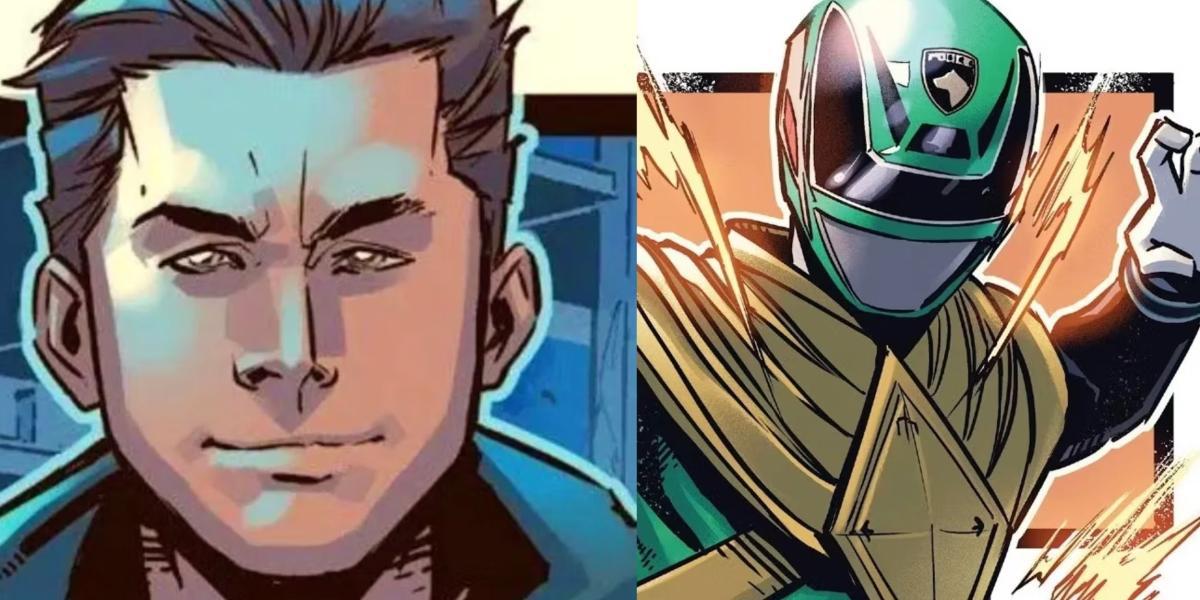 Uma imagem dividida apresenta JJ Oliver em quadrinhos Boom Studios Power Rangers ao lado de seu visual Green SPD Ranger