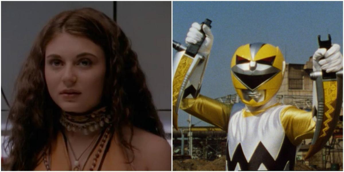 Uma imagem dividida apresenta Maya, a Ranger Amarela em Power Rangers Lost Galaxy