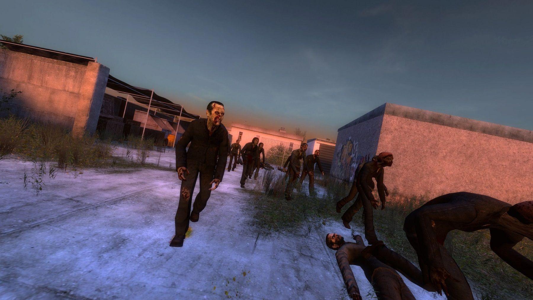 Imagem de um mod do Half-Life mostrando vários zumbis caminhando em direção ao jogador.