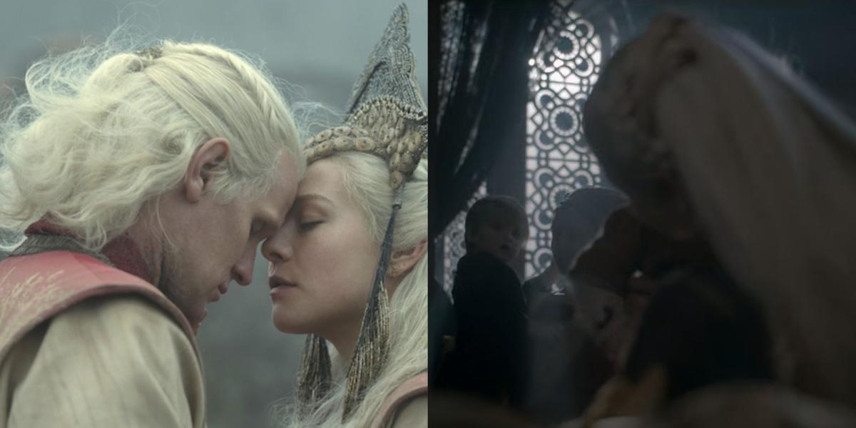 Imagem dividida mostrando Rhaenyra, Daemon e Aegon Targaryen em House of the Dragon.