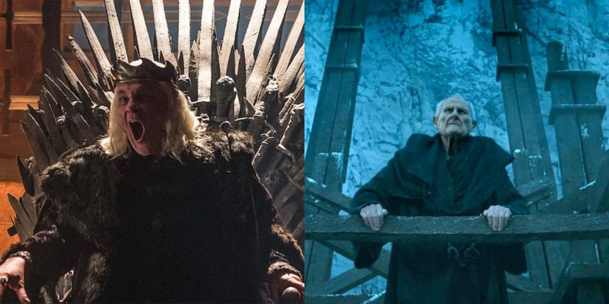 Imagem dividida do Rei Louco e do Meistre Aemon Targaryen da Patrulha da Noite em Game of Thrones.