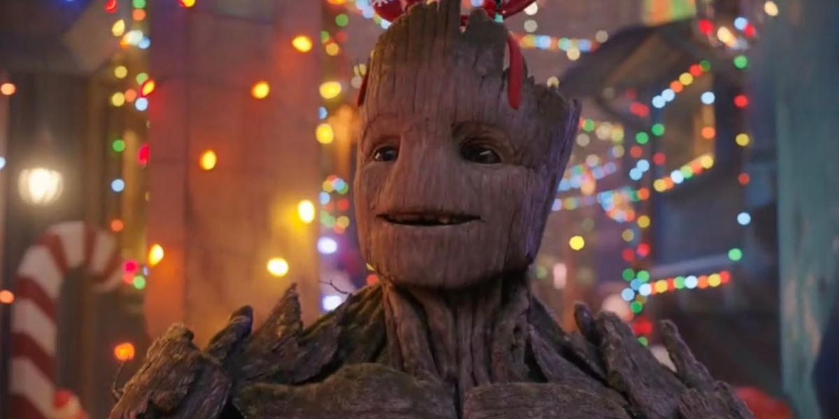 Groot sorrindo no especial de fim de ano de Guardiões da Galáxia