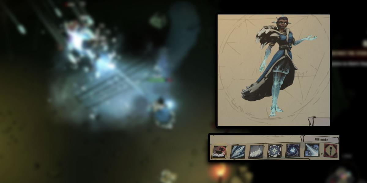 Ravenswatch - Captura de tela da Rainha da Neve com PNG de personagens e habilidades no topo