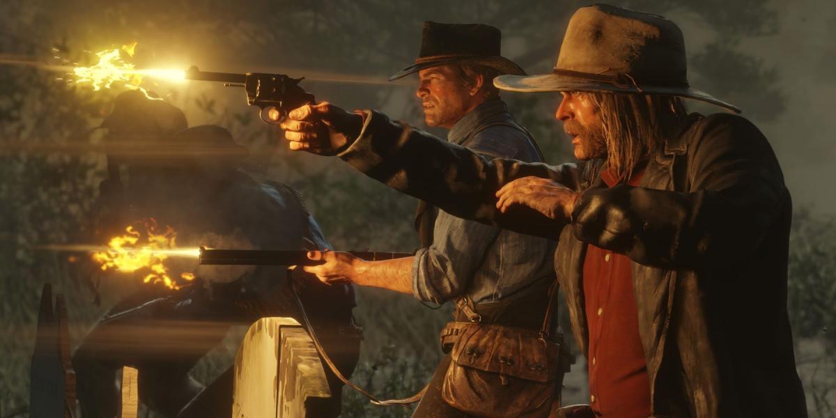 Micah Bell e Arthur Morgan disparando armas em Red Dead Redemption 2