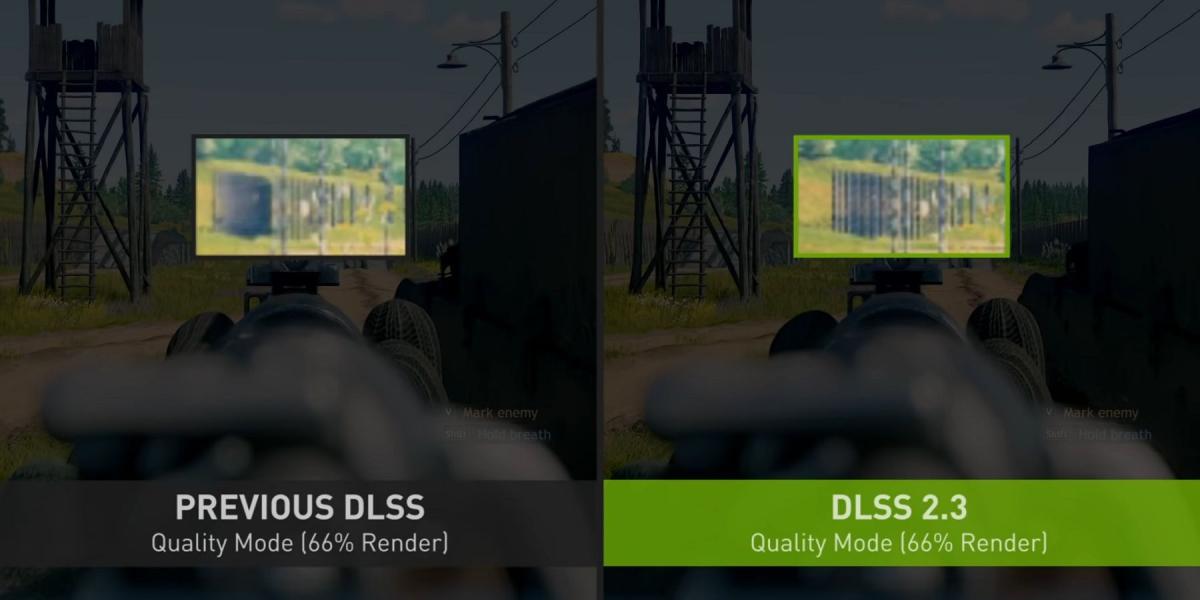 Captura de tela do Enlisted mostrando Nvidia DLSS de um lado e DLSS 2.3 do outro.