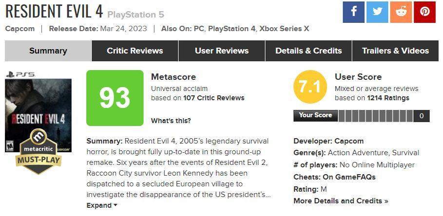 Revisão Metacritic de Resident Evil 4 PS5 Bombing-1