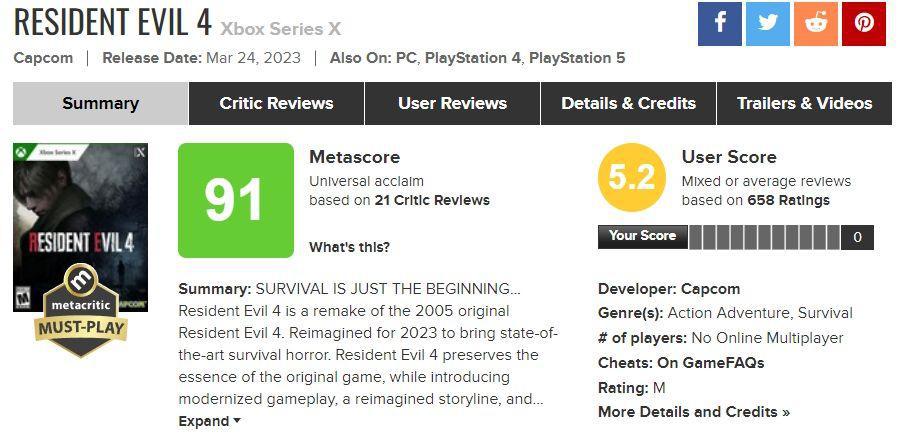 Resident Evil 4 Xbox Series X Metacritic Review Bombing