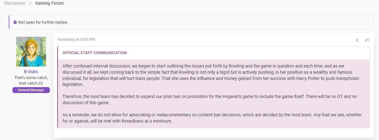 Resetera proíbe discussão sobre o legado de Hogwarts