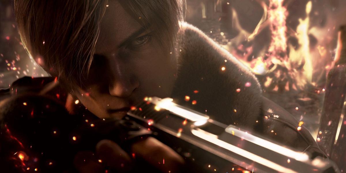 Imagem do remake de Resident Evil 4 mostrando Leon Kennedy com fogo atrás dele.