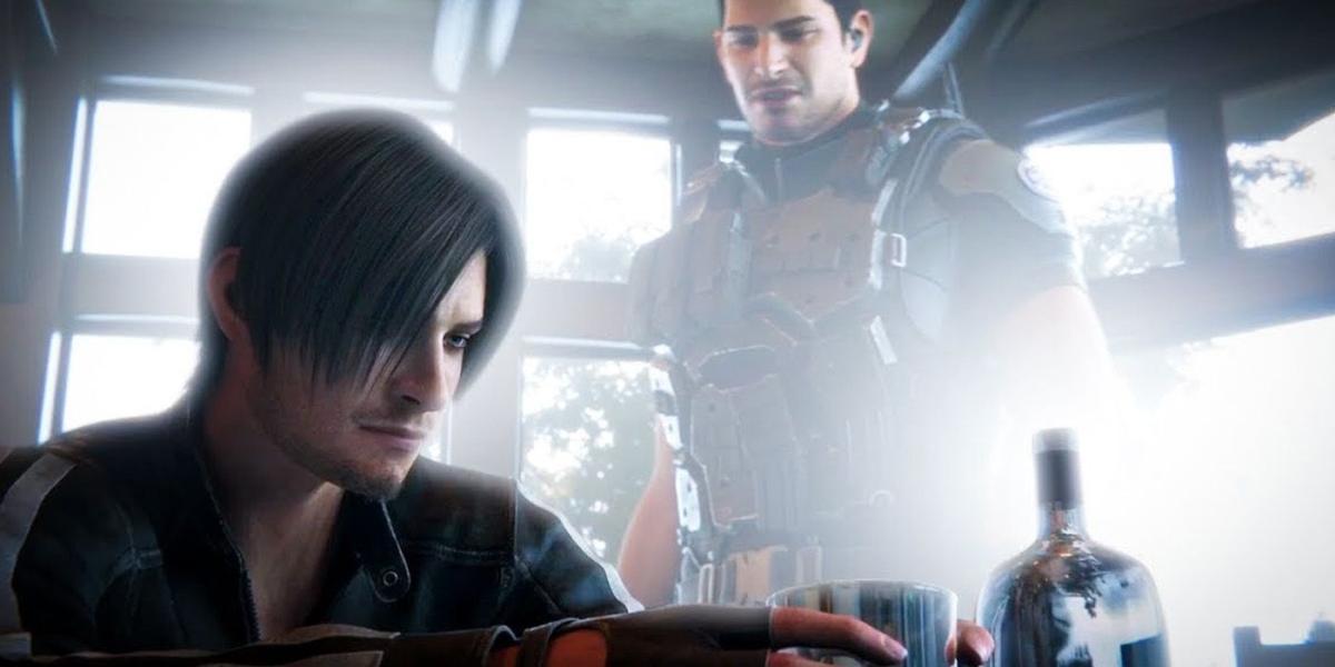 Leon bebendo e conversando com Chris - Resident Evil Leon Kennedy Curiosidades