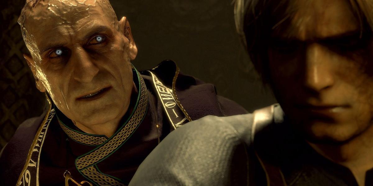 Imagem do remake de Resident Evil 4 mostrando Lord Saddler olhando por cima do ombro de Leon Kennedy.