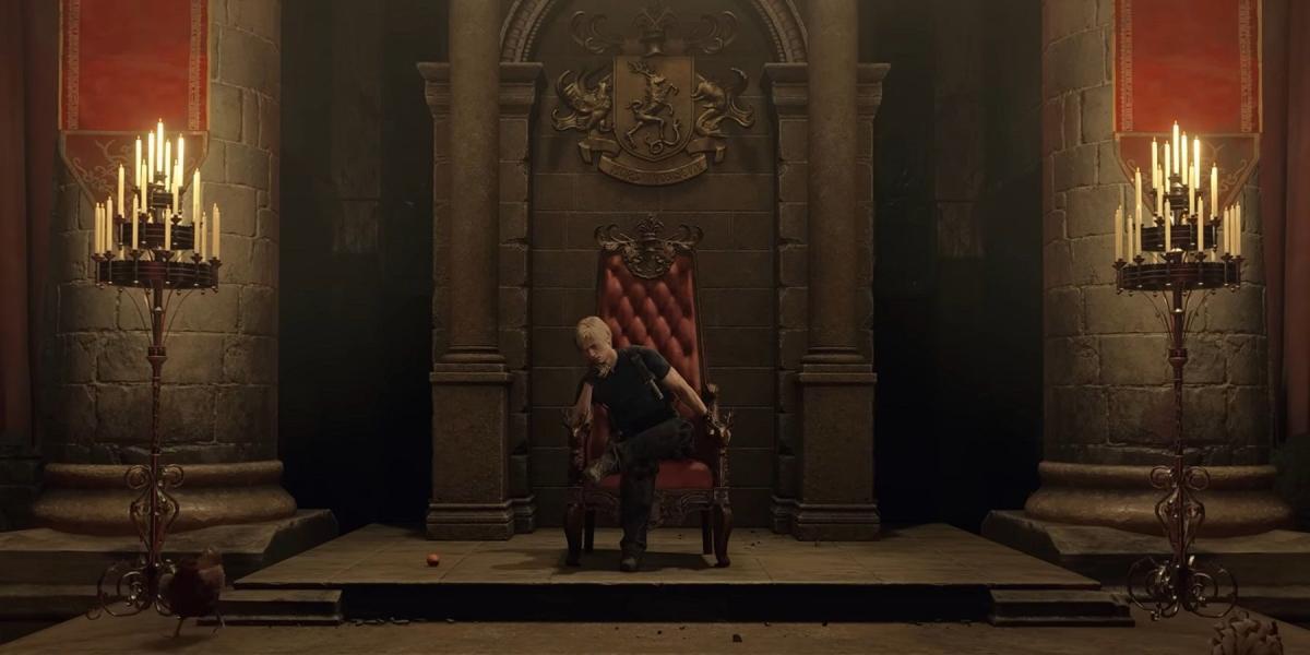 Leon sentado em um trono em Resident Evil 4.
