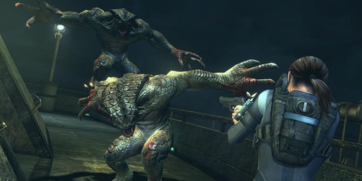 Jill enfrentando dois caçadores, apontando sua arma o mais próximo possível enquanto um segundo salta mais perto ao fundo.