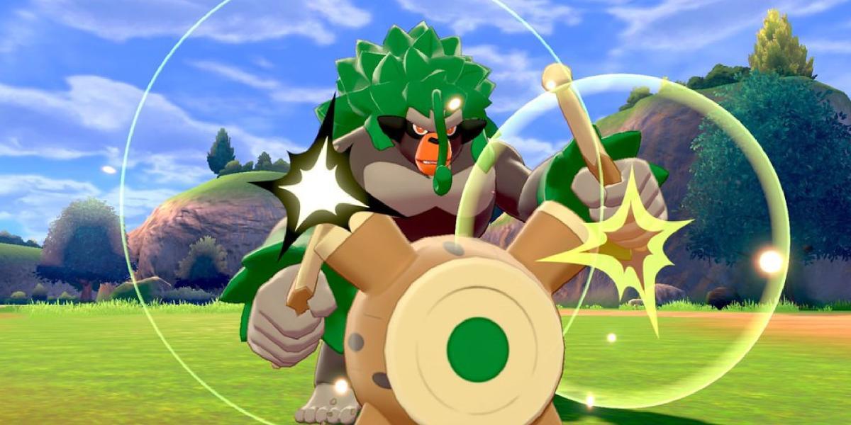 Um Rillaboom batendo seu tambor durante a batalha em Pokemon Sword & Shield