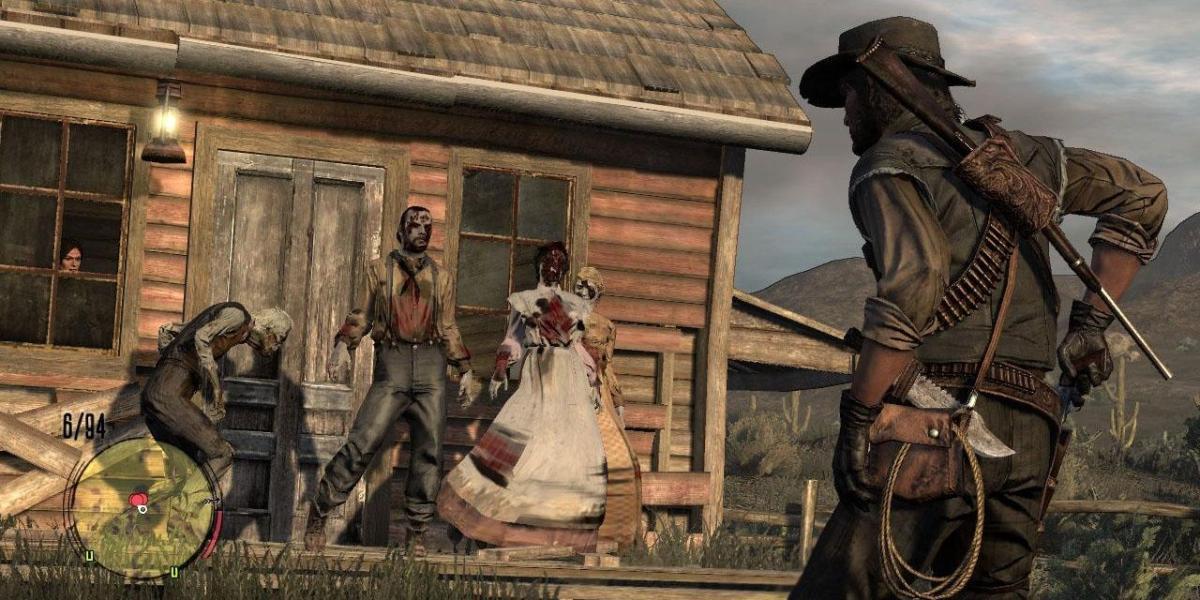 John Marston está prestes a sacar seu revólver para atirar em três zumbis na frente de uma casa em Red Dead Redemption: Undead Nightmare
